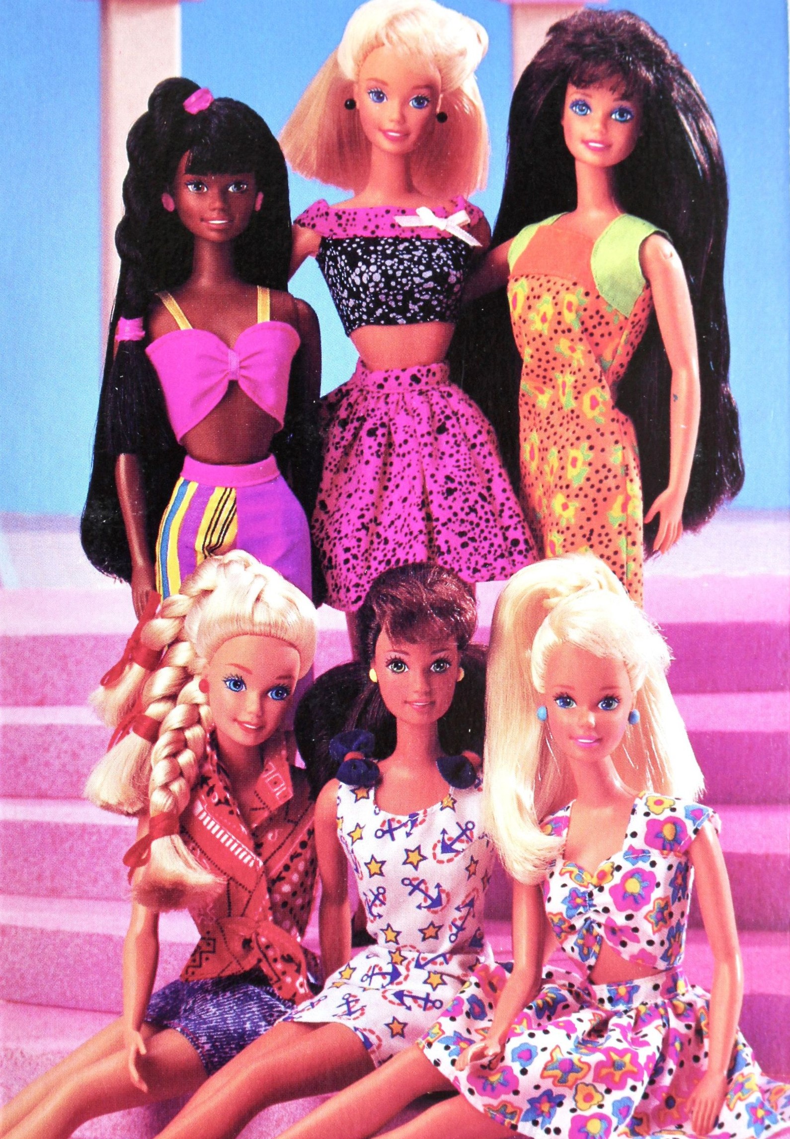 Six barbie dolls clad in 1990s-style clothing gather on a set of pink steps